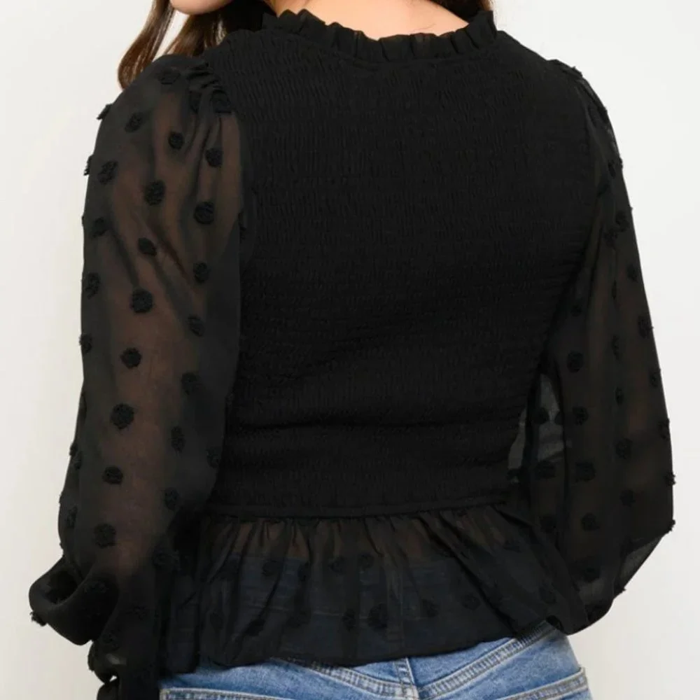WOMEN'S SMOCKED LONG SLEEVE PEPLUM TOP - Picture 2 of 3